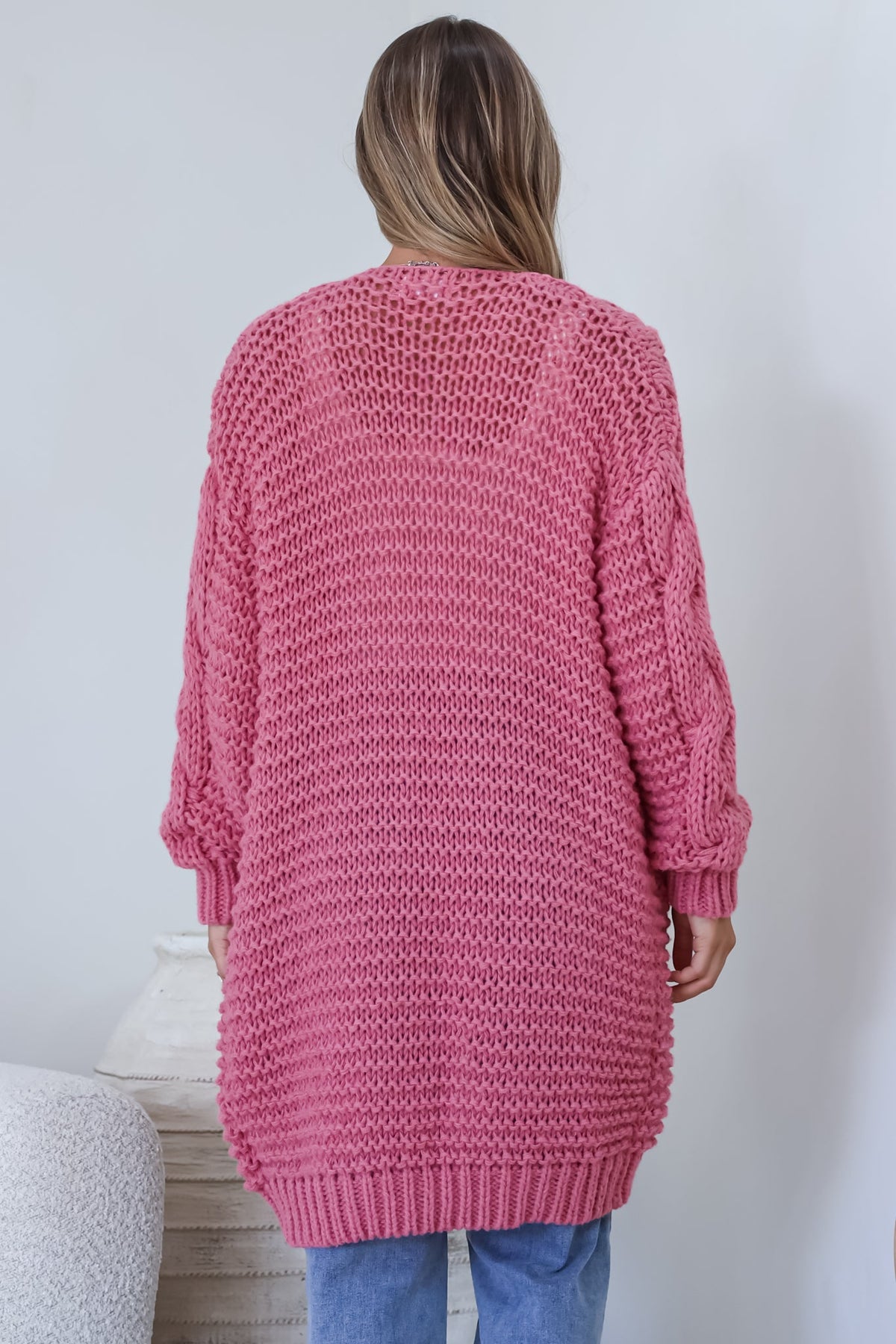 Beckett Cardigan - Open Front Chunky Cable Knit with Pockets in Pink
