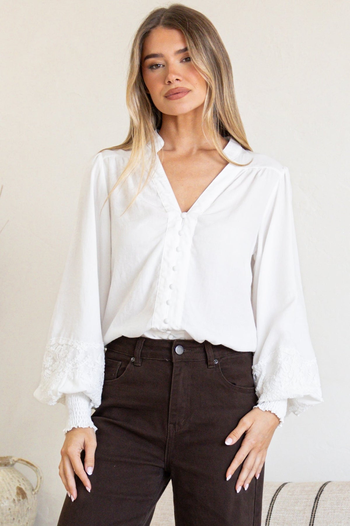 Beldon Blouse -High Mandarin Collar Button Down with Lace Motif Balloon Sleeves and Thick Shirred Cuffs in White