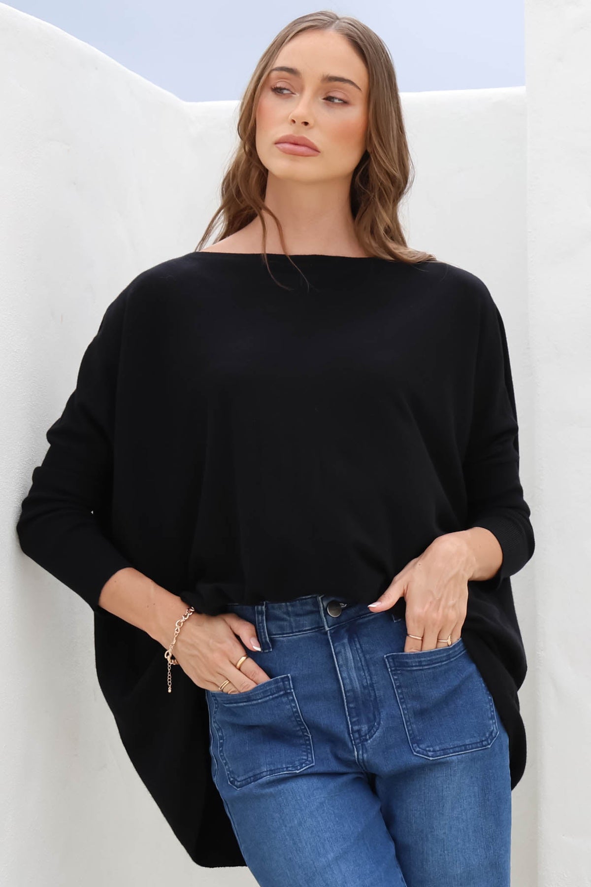 Belinda Knit Top - Boat Neckline Boxy Batwing Top in Black