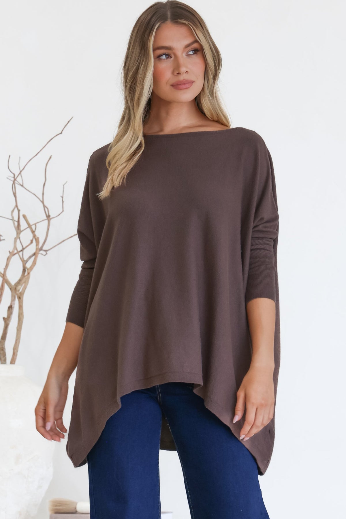 Belinda Knit Top - Boat Neckline Boxy Batwing Top in Chocolate