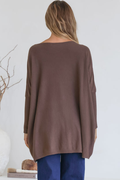 Belinda Knit Top - Boat Neckline Boxy Batwing Top in Chocolate