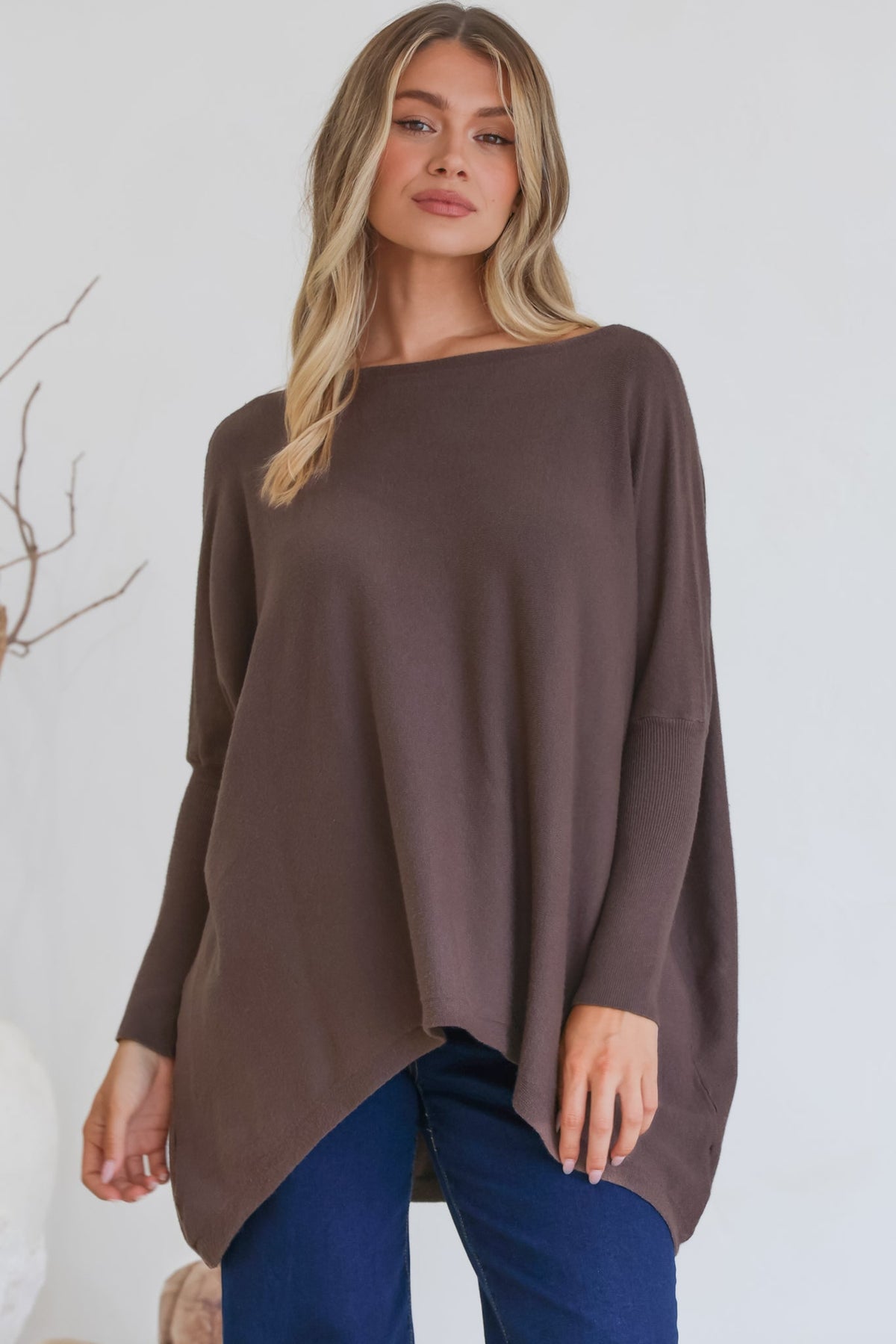Belinda Knit Top - Boat Neckline Boxy Batwing Top in Chocolate