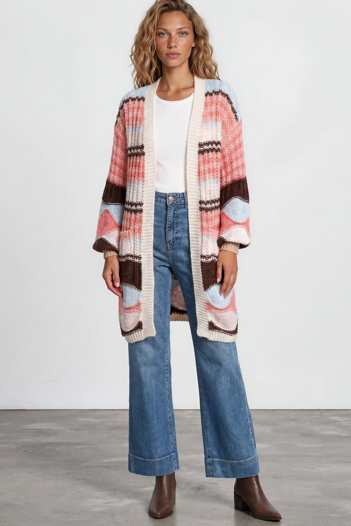 Bellatrix Cardigan - Open Front Multicoloured Stripe Knit with Pockets in Chocolate/Pink