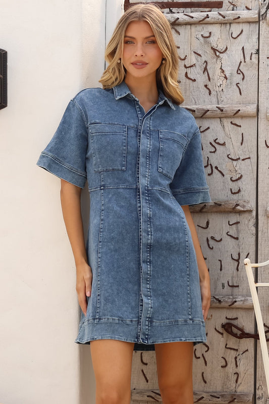 Bigsby Denim Mini Dress - Collared Button Down Short Sleeve Dress in Mid Wash Denim