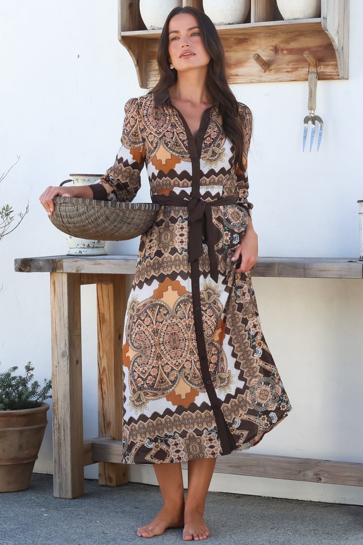 Booker Midi Dress - Long Sleeve Shirt Dress with Contrast Hemlines in Frankie Print