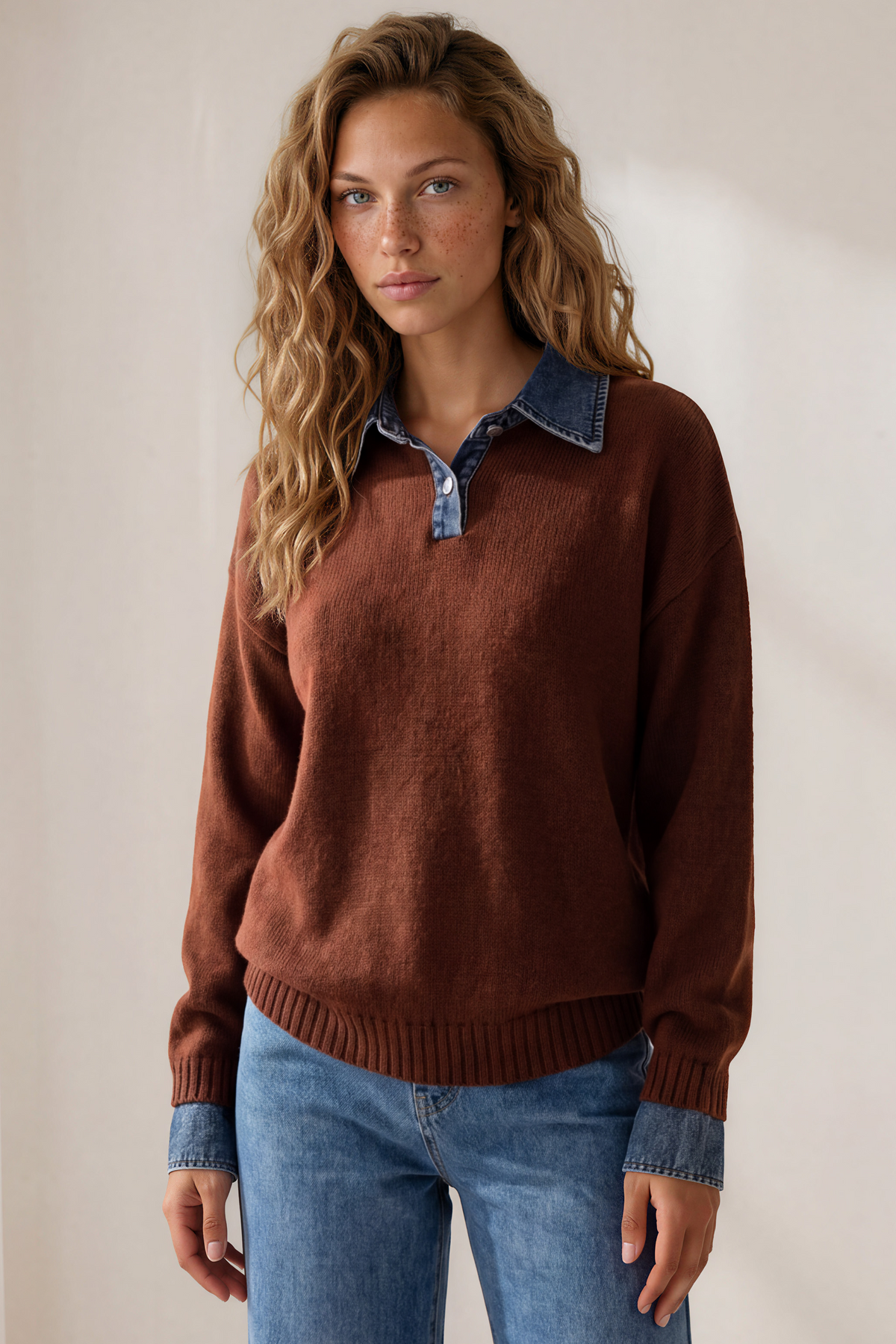 Maddie Jumper - Denim Wing Collar and Cuff Knit Pullover in Chocolate
