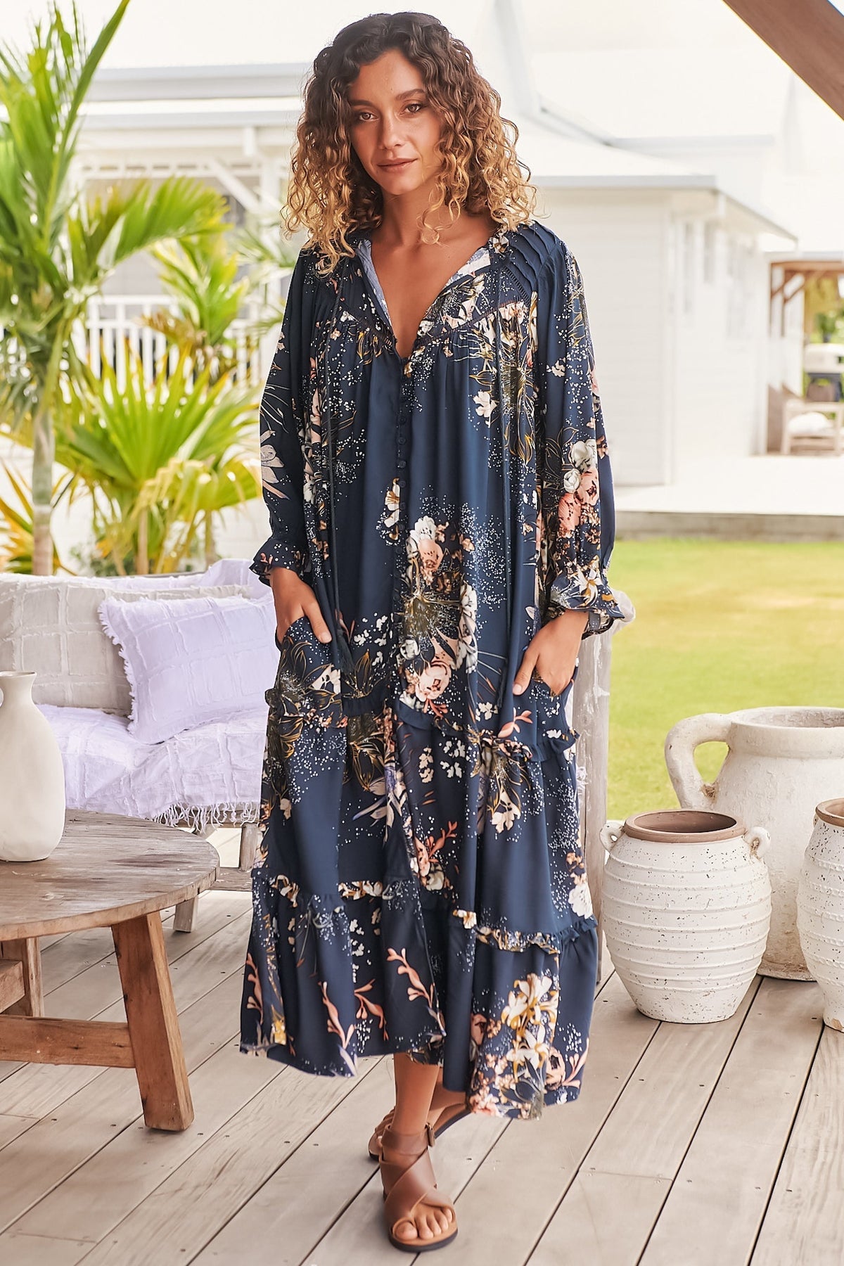 JAASE - Briana Midi Dress: Frill Collar Oversized Buttoned Dress with Waist Tie and Frill Splicing in Indigo Print