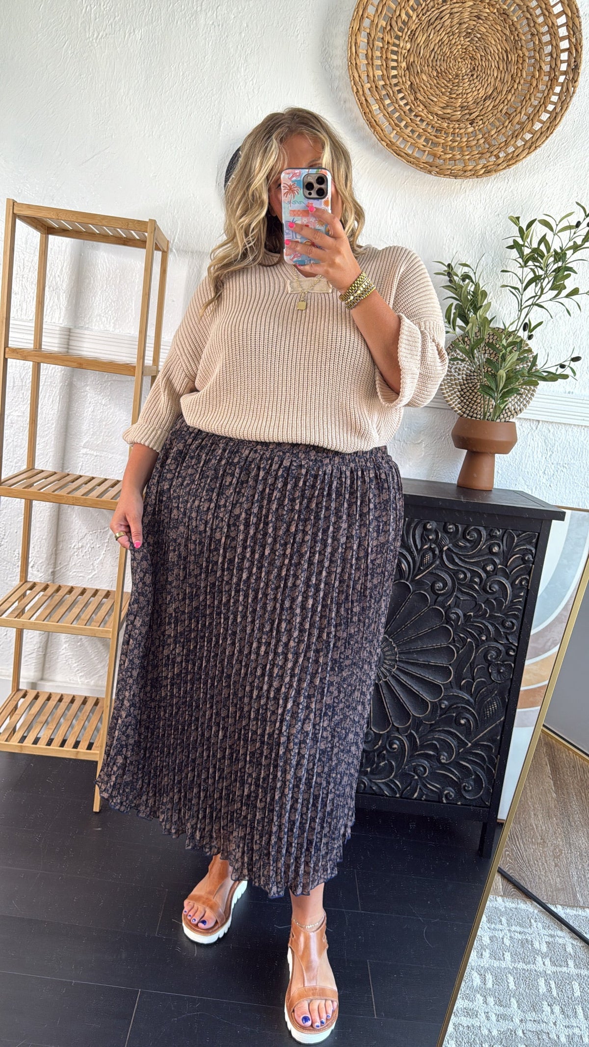 Garden Dream Floral Printed Pleated Midi Skirt