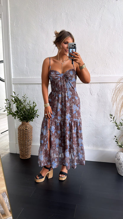 Mocha Mist Floral Print Maxi Dress, Brown Multi