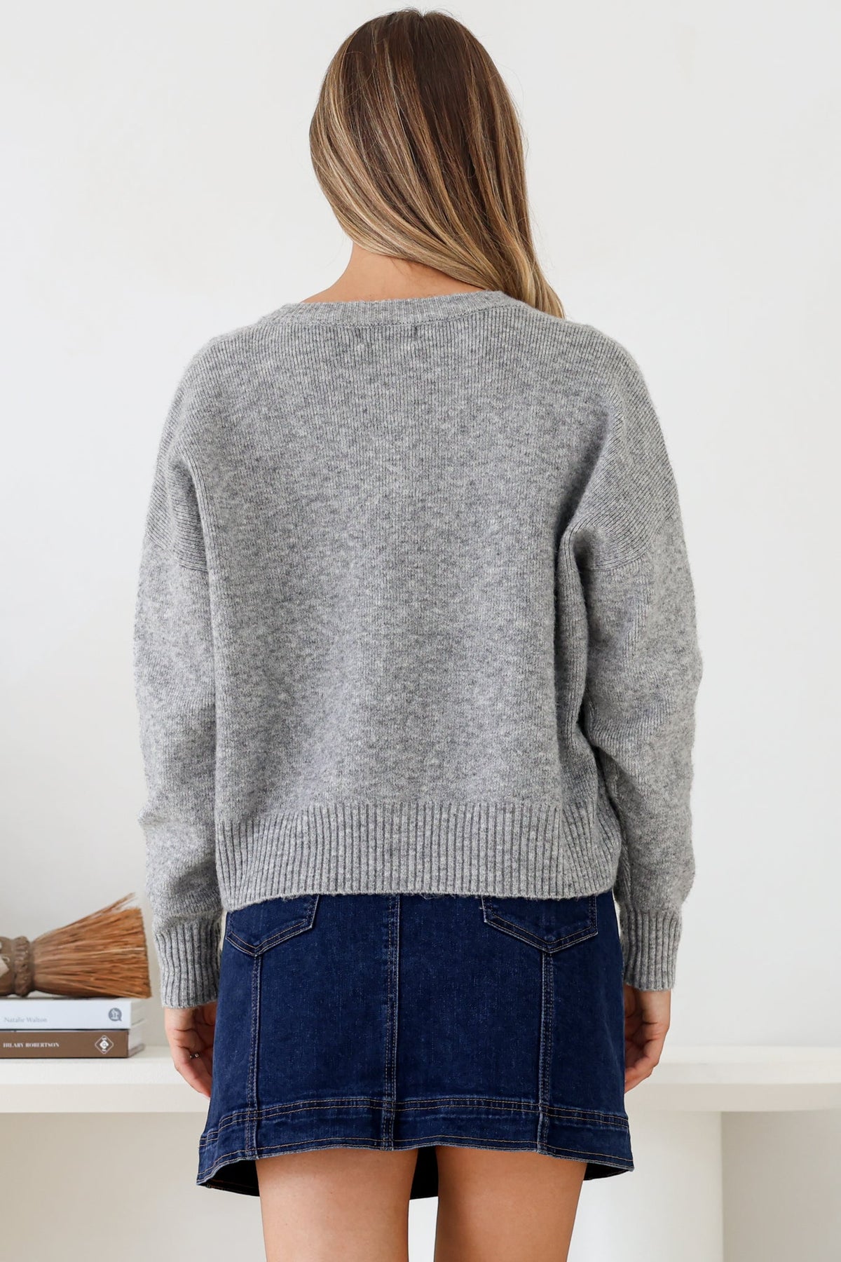 Caelan Cardigan - Crew Neck Tortoise Shell Button Crop Knit in Grey