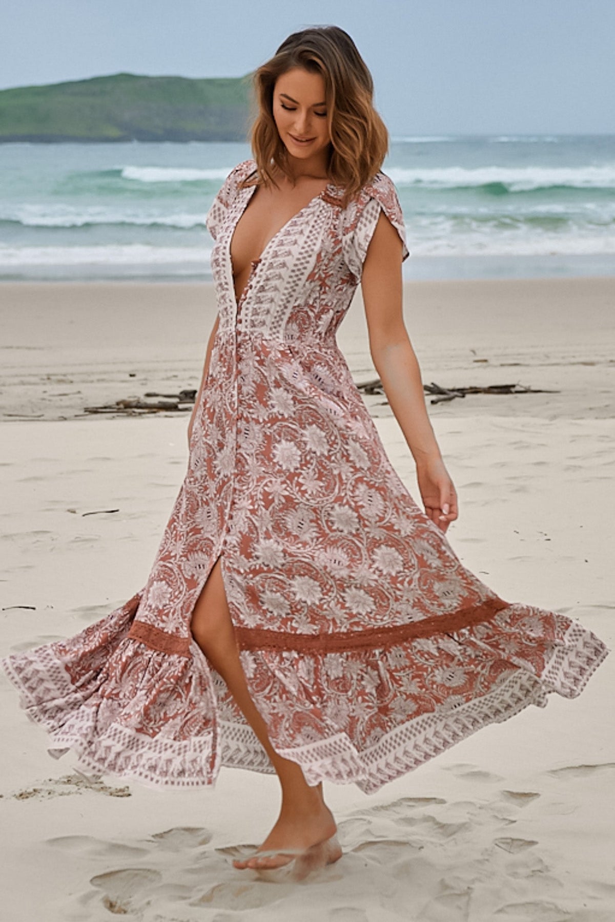JAASE - Carmen Maxi Dress: Butterfly Cap Sleeve Button Down A Line Dress with Lace Trim in Indah Print