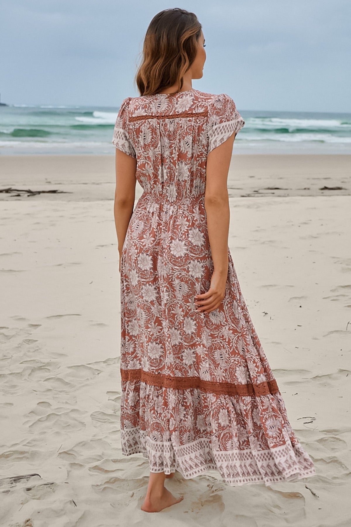 JAASE - Carmen Maxi Dress: Butterfly Cap Sleeve Button Down A Line Dress with Lace Trim in Indah Print