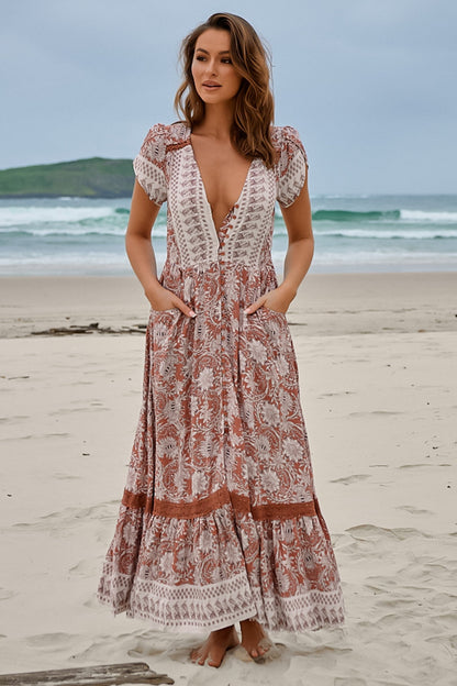 JAASE - Carmen Maxi Dress: Butterfly Cap Sleeve Button Down A Line Dress with Lace Trim in Indah Print