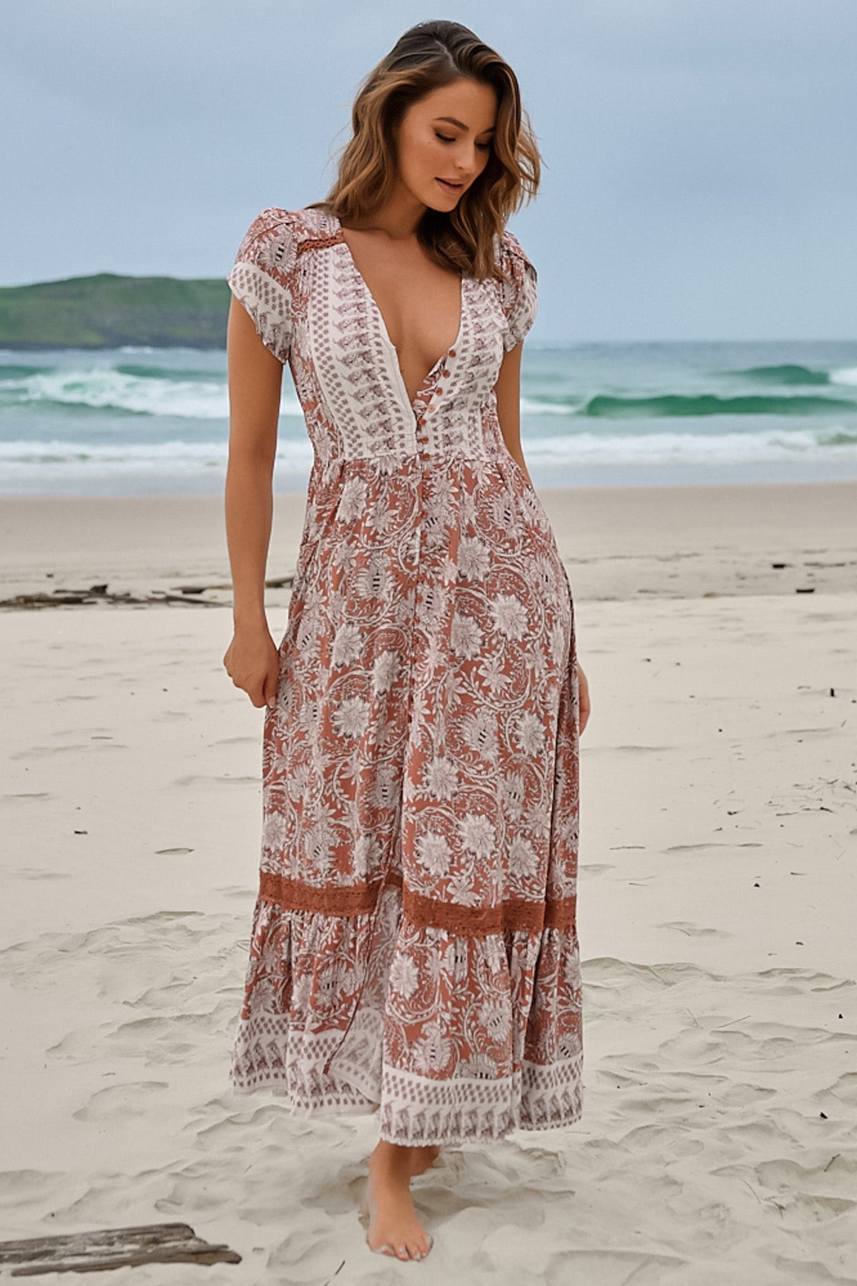 JAASE - Carmen Maxi Dress: Butterfly Cap Sleeve Button Down A Line Dress with Lace Trim in Indah Print