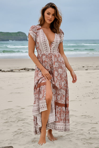 JAASE - Carmen Maxi Dress: Butterfly Cap Sleeve Button Down A Line Dress with Lace Trim in Indah Print