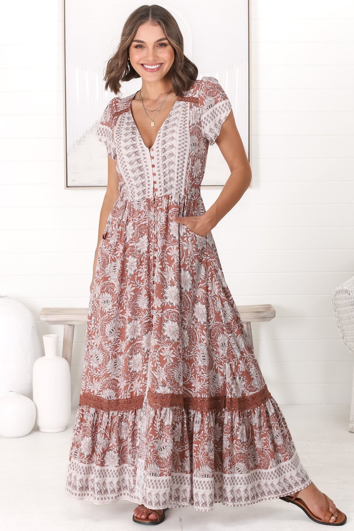 JAASE - Carmen Maxi Dress: Butterfly Cap Sleeve Button Down A Line Dress with Lace Trim in Indah Print