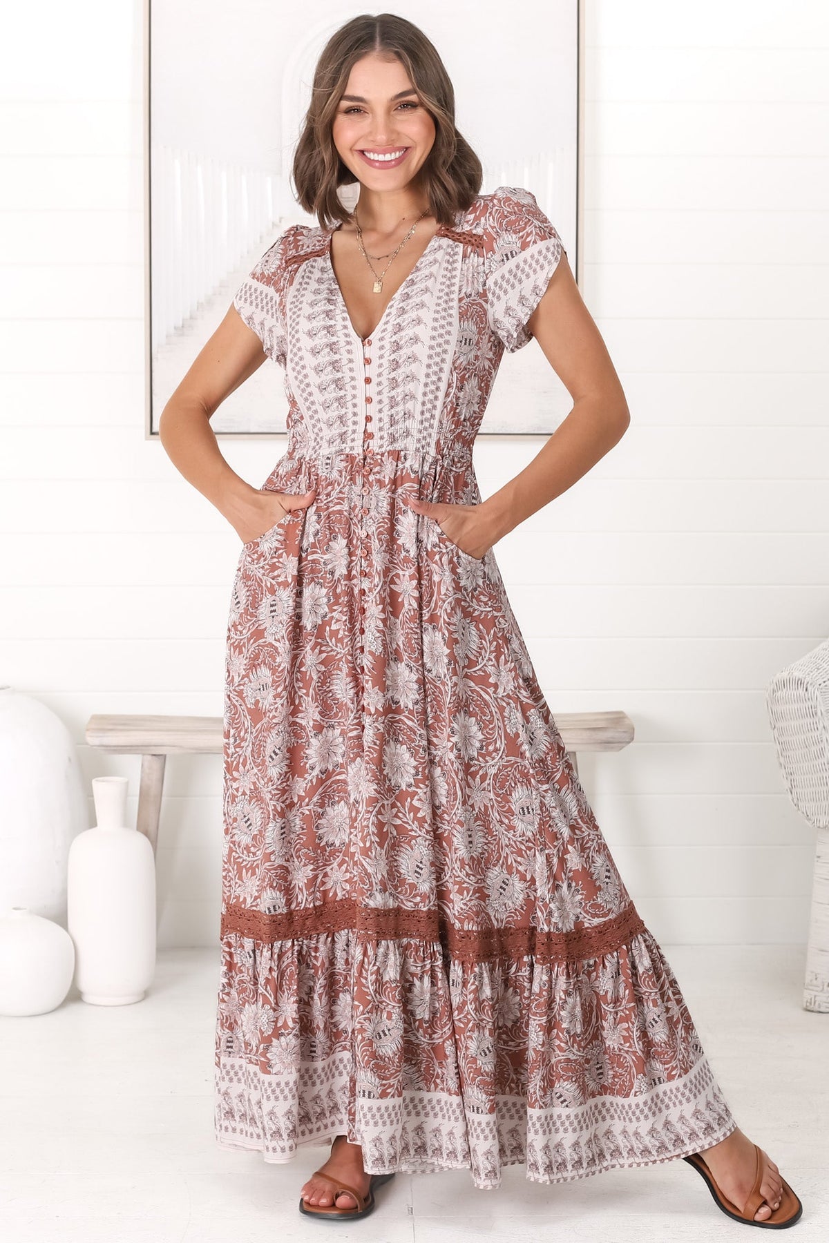 JAASE - Carmen Maxi Dress: Butterfly Cap Sleeve Button Down A Line Dress with Lace Trim in Indah Print