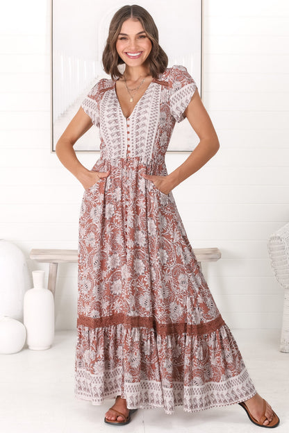 JAASE - Carmen Maxi Dress: Butterfly Cap Sleeve Button Down A Line Dress with Lace Trim in Indah Print