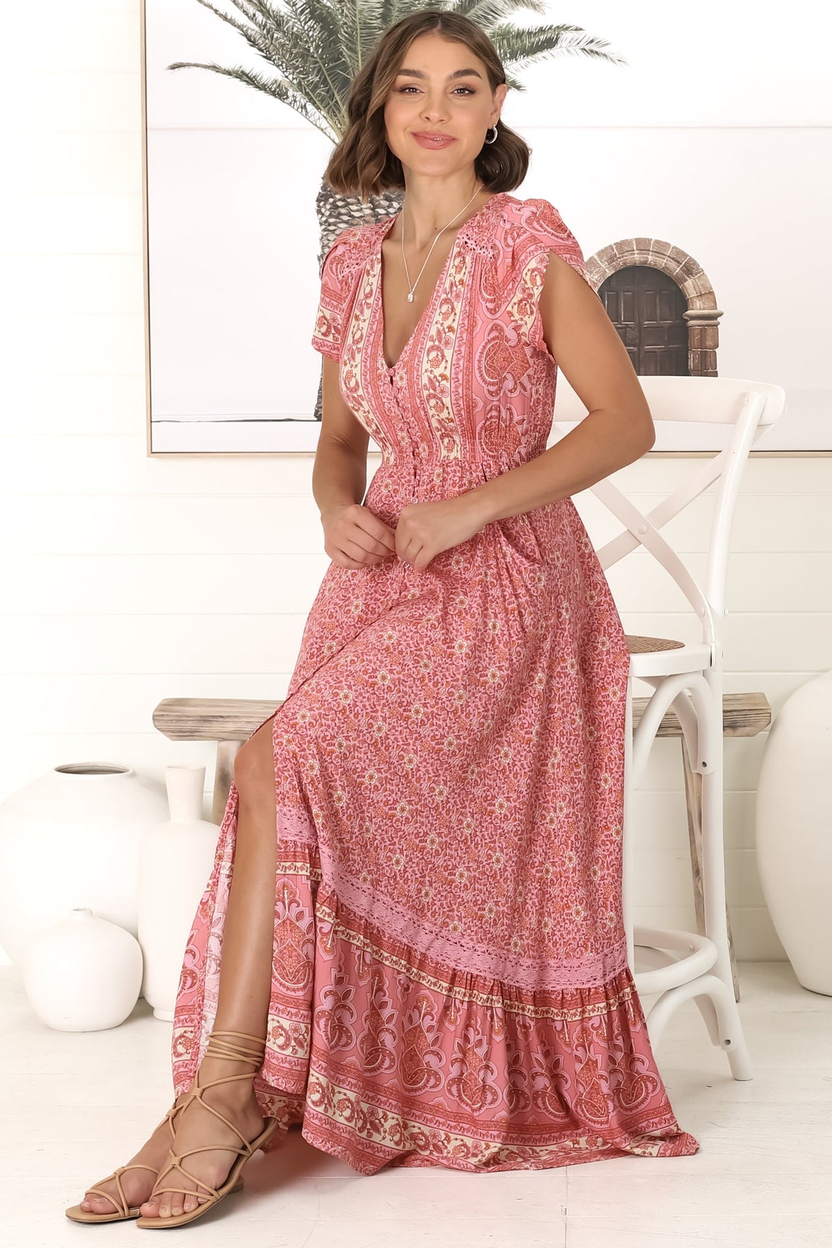 JAASE - Carmen Maxi Dress: Butterfly Cap Sleeve Button Down A Line Dress with Lace Trim in Strawberries and Cream Print