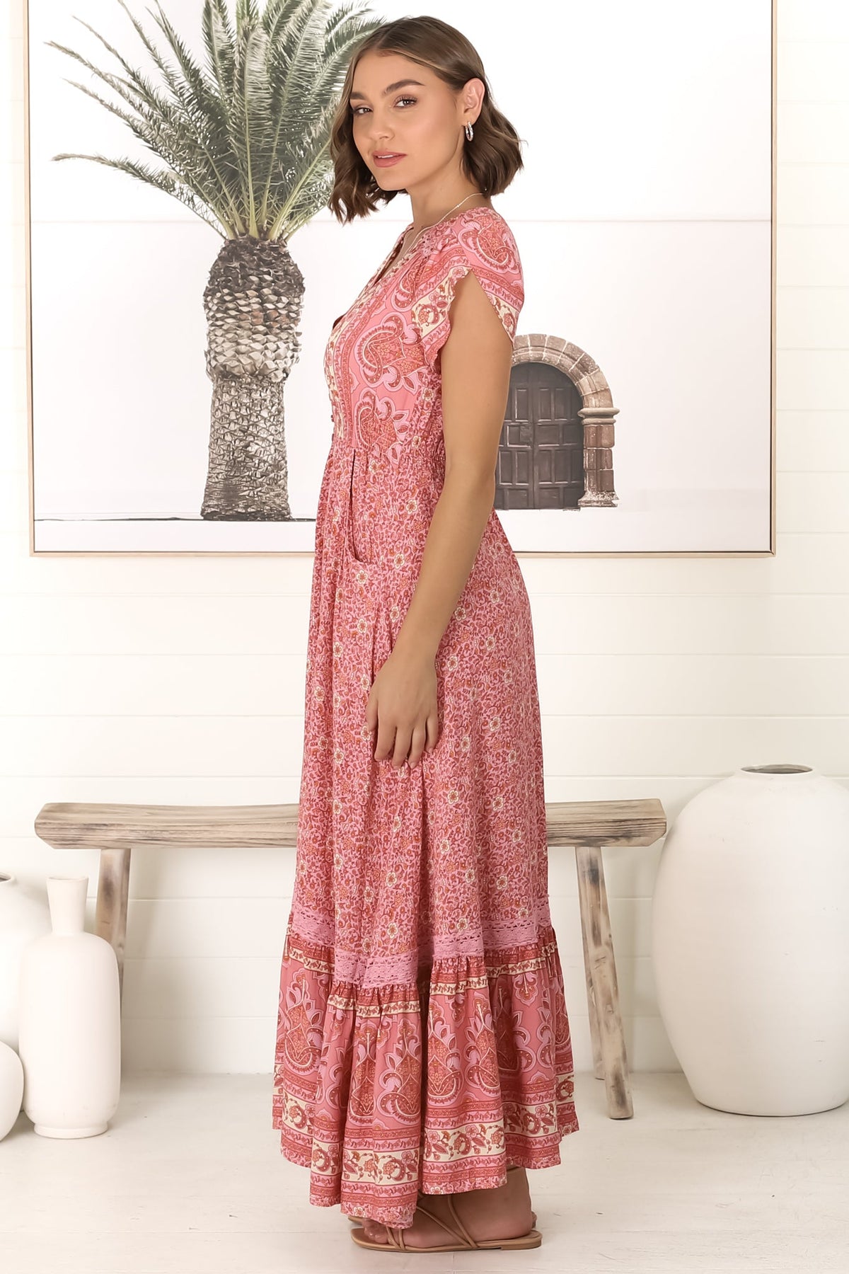 JAASE - Carmen Maxi Dress: Butterfly Cap Sleeve Button Down A Line Dress with Lace Trim in Strawberries and Cream Print
