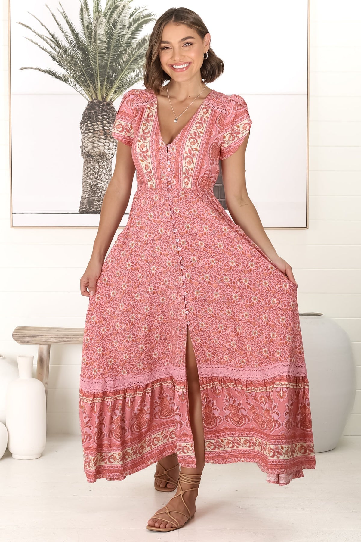JAASE - Carmen Maxi Dress: Butterfly Cap Sleeve Button Down A Line Dress with Lace Trim in Strawberries and Cream Print