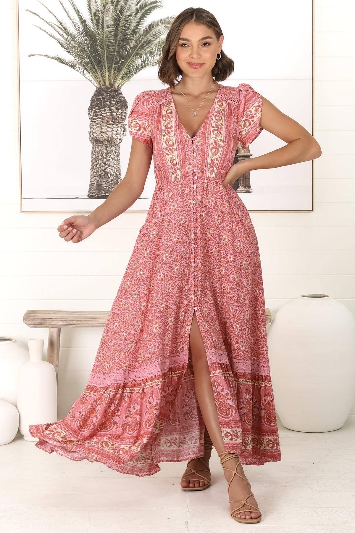 JAASE - Carmen Maxi Dress: Butterfly Cap Sleeve Button Down A Line Dress with Lace Trim in Strawberries and Cream Print