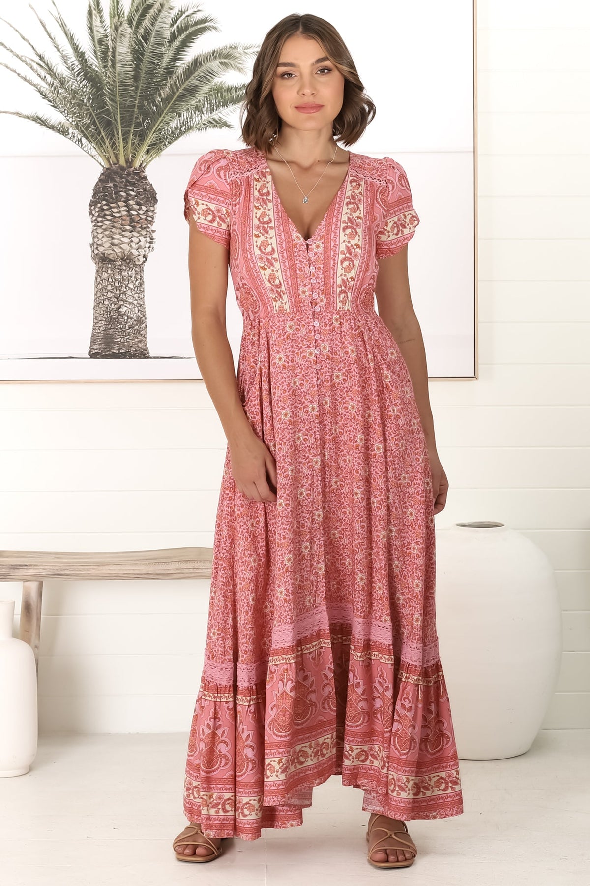 JAASE - Carmen Maxi Dress: Butterfly Cap Sleeve Button Down A Line Dress with Lace Trim in Strawberries and Cream Print