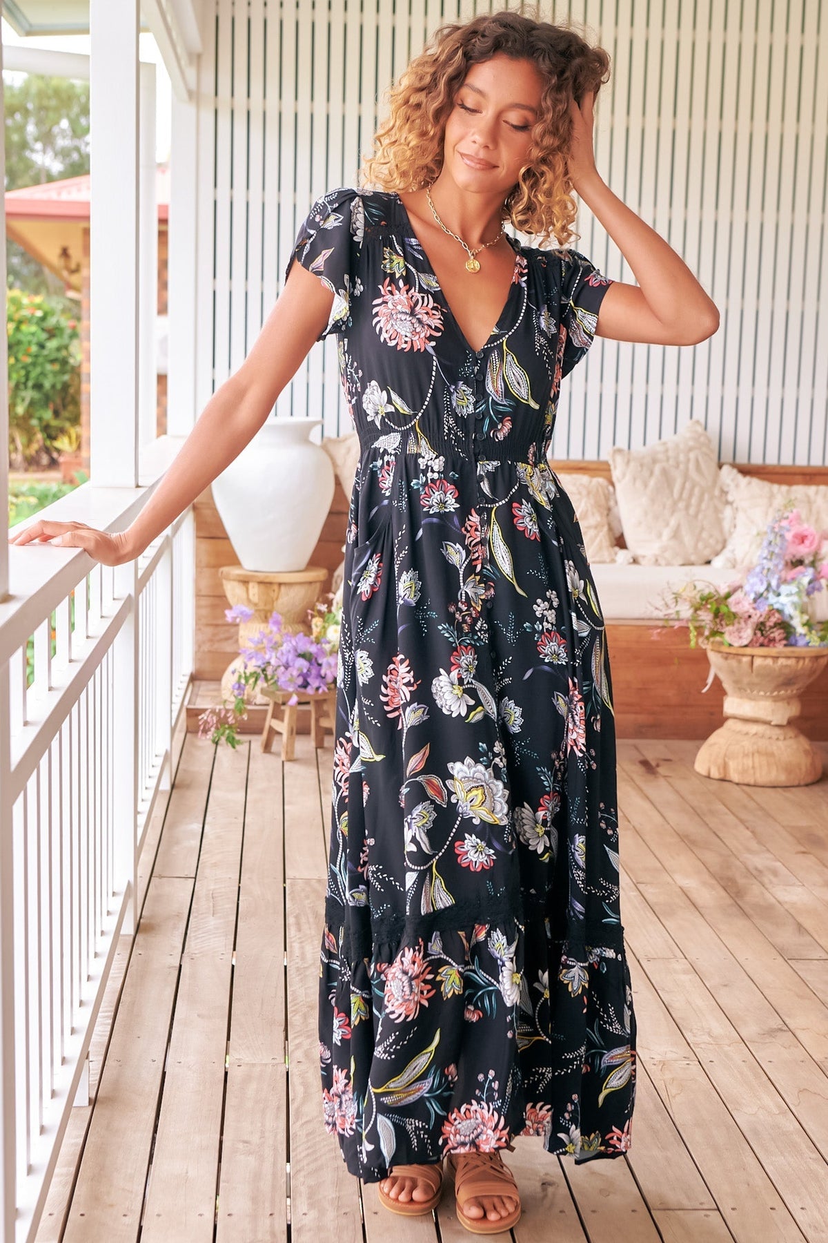 JAASE - Carmen Maxi Dress: Butterfly Cap Sleeve Button Down A Line Dress with Lace Trim in Under the Stars Print
