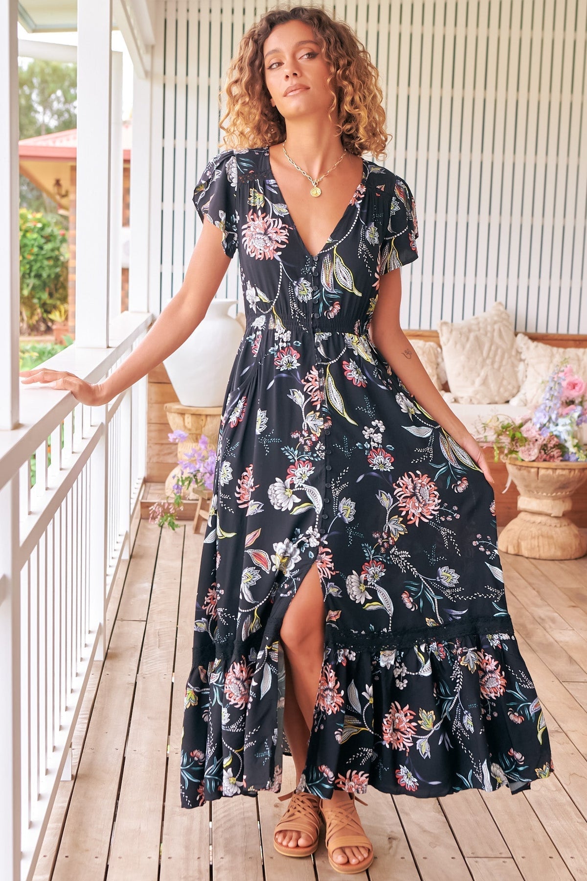 JAASE - Carmen Maxi Dress: Butterfly Cap Sleeve Button Down A Line Dress with Lace Trim in Under the Stars Print