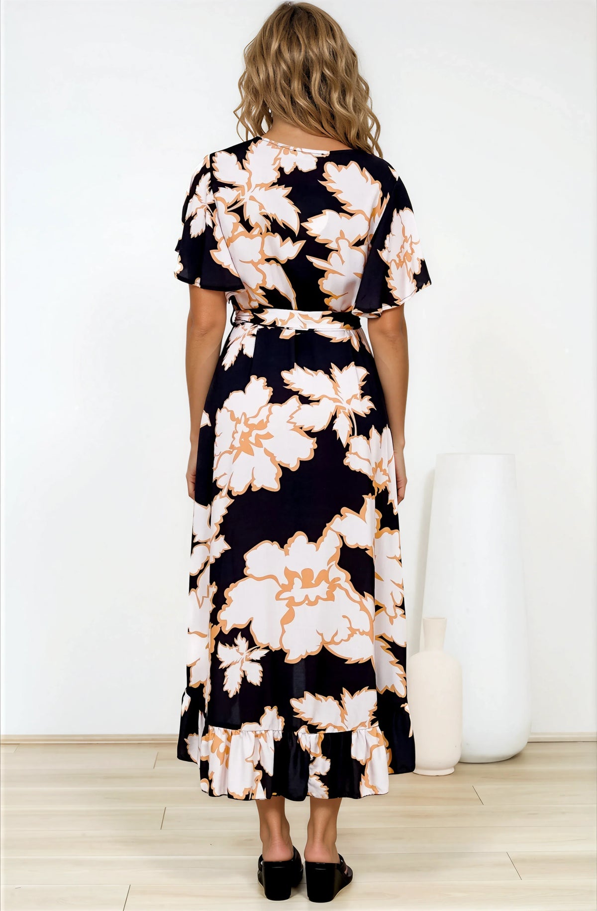Carolina Midi Dress - V Neck Wrap Dress with Ruffle High Low Hemline in Illaria Print