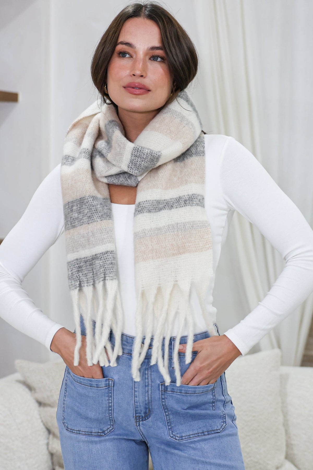 Chaplin Scarf - Soft Cozy Wrap Scarf Check Print in Beige