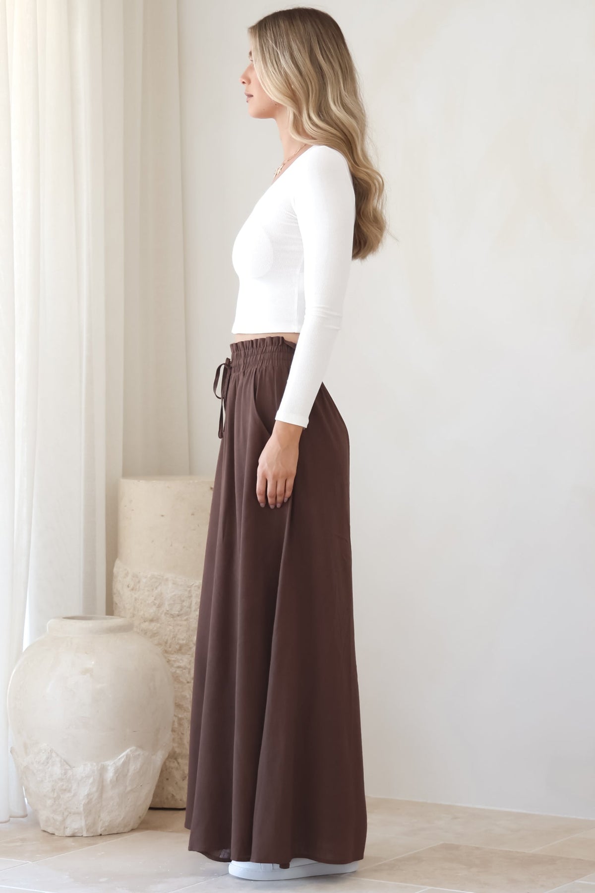 Charli Pants - Paper Bag High Waisted Wide Leg Pants in Brown