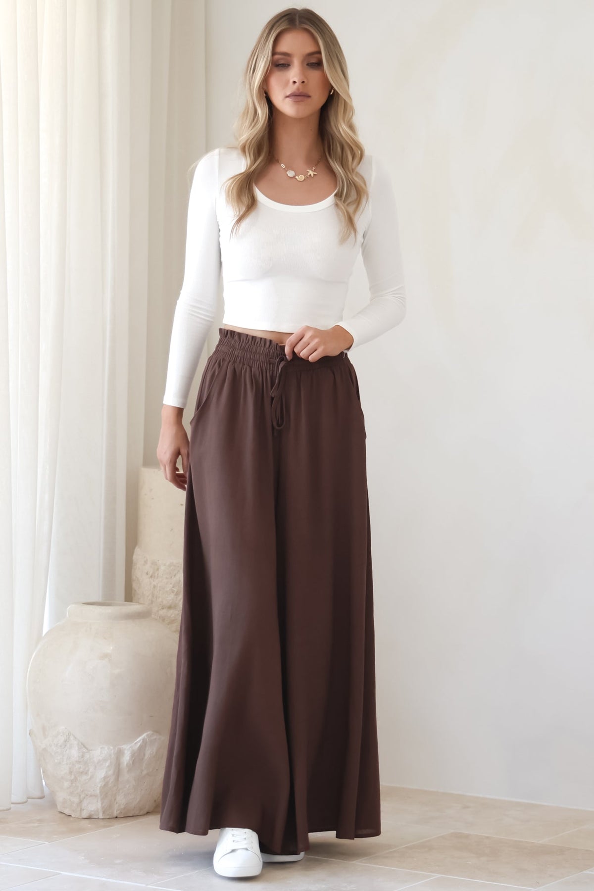 Charli Pants - Paper Bag High Waisted Wide Leg Pants in Brown
