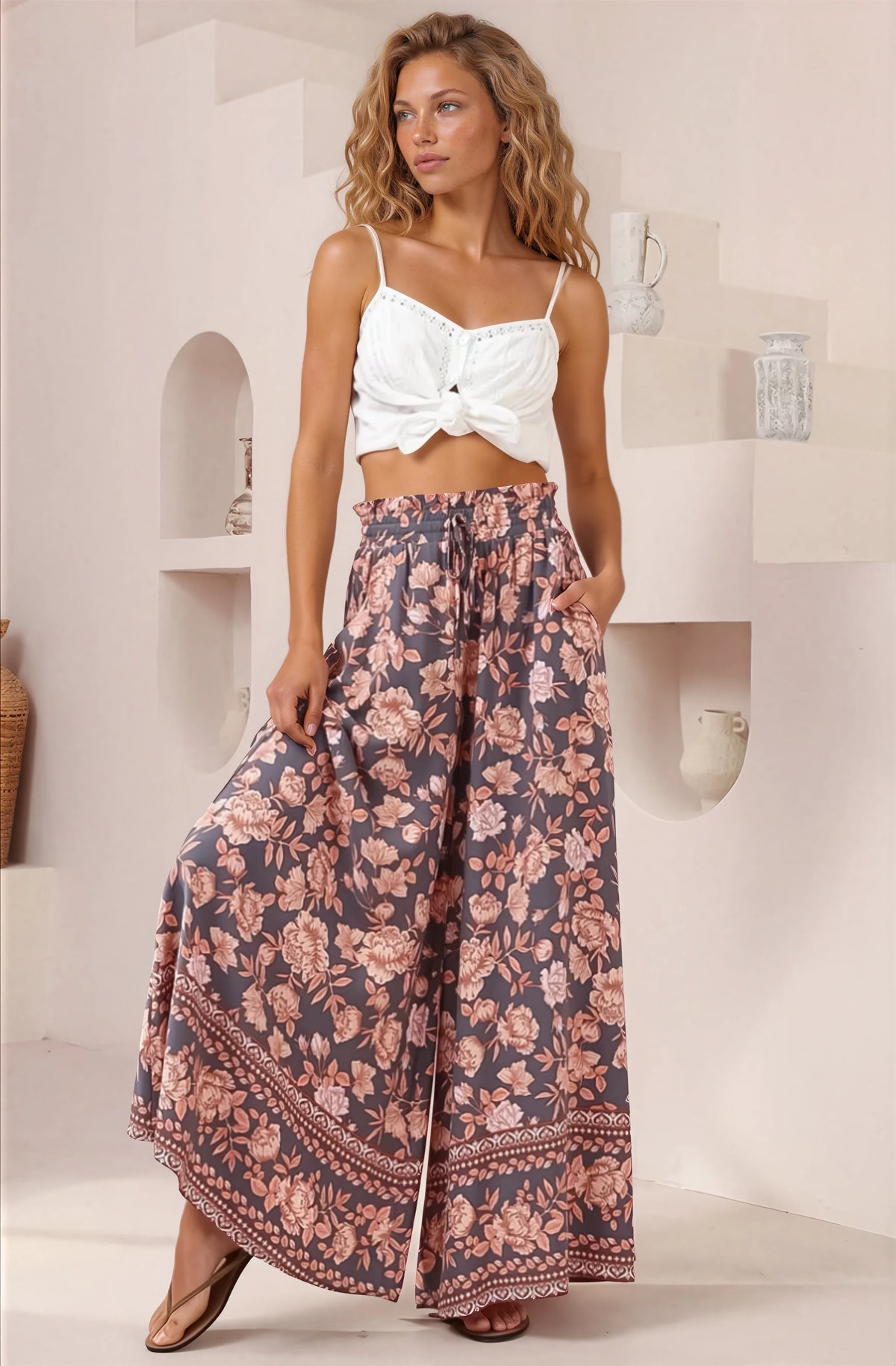 Charli Pants -  Paper Bag High Waisted Wide Leg Pants in Leandra Print