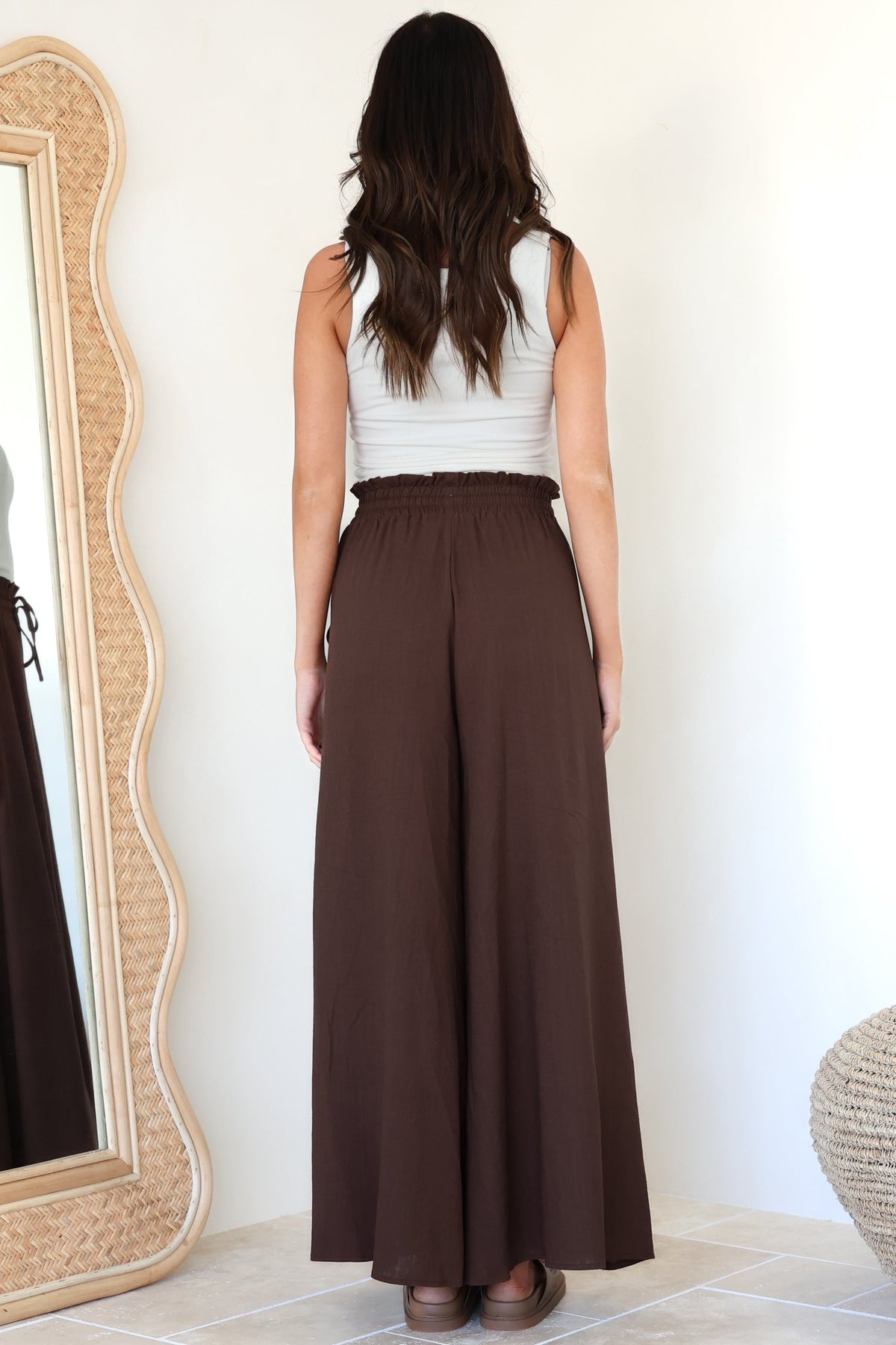Charli Pants - Paper Bag High Waisted Wide Leg Pants in Brown