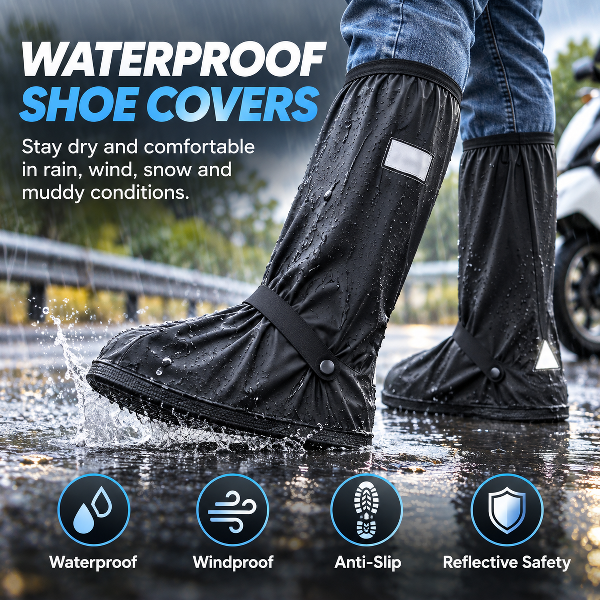Waterproof Black Shoe Covers for Men and Women, Reusable Anti-Slip Rain Boot Covers with Zipper and Reflective Safety Strips