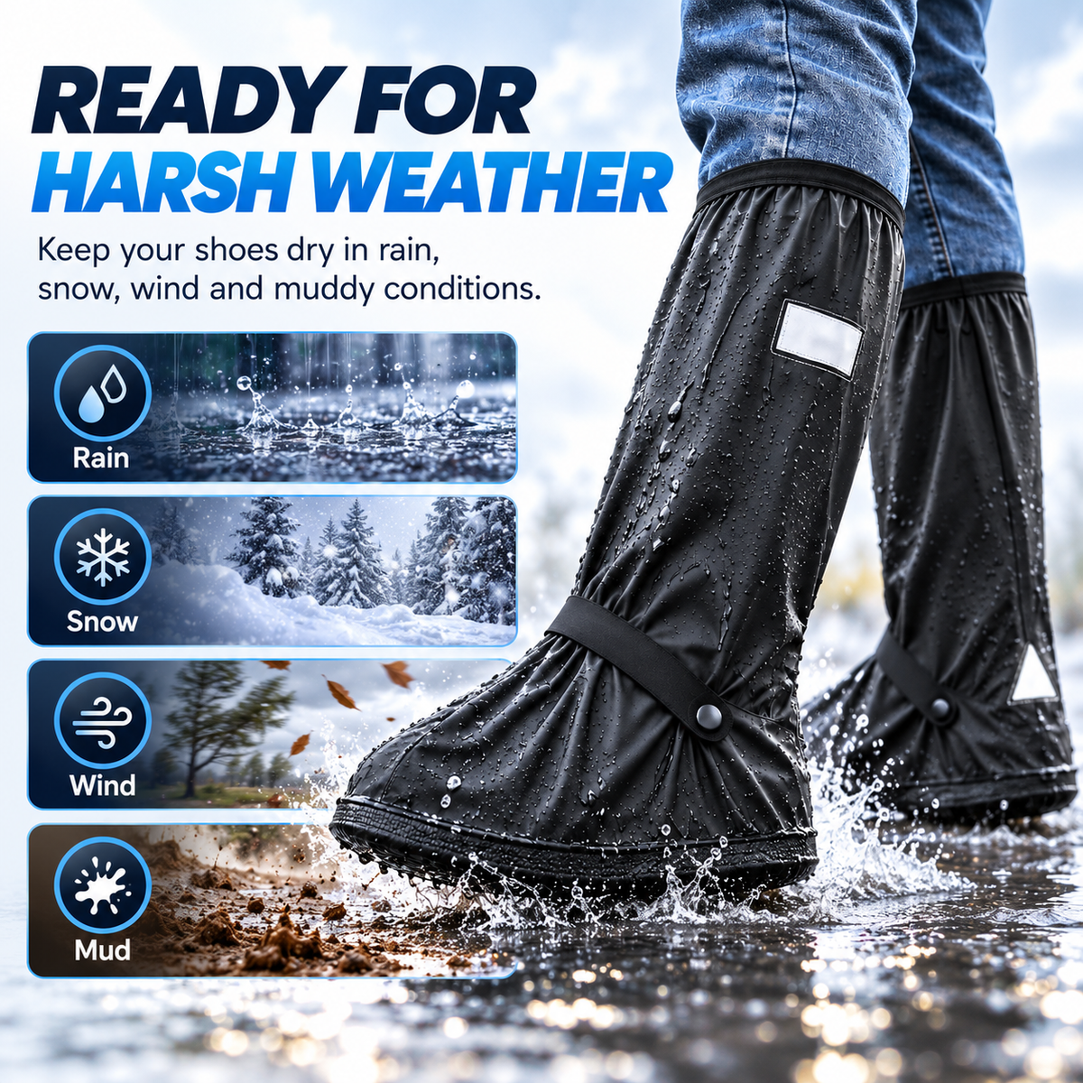 Waterproof Black Shoe Covers for Men and Women, Reusable Anti-Slip Rain Boot Covers with Zipper and Reflective Safety Strips