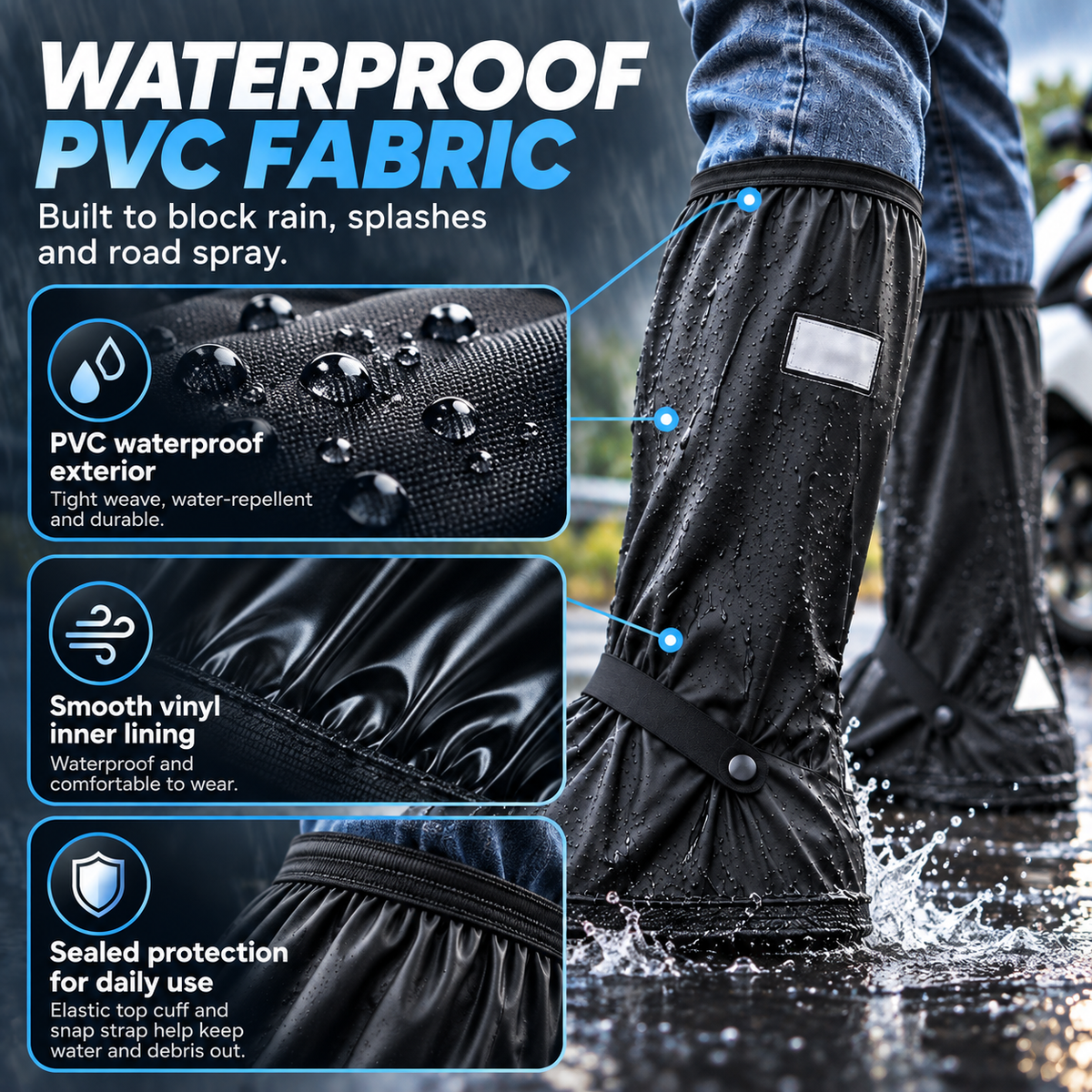 Waterproof Black Shoe Covers for Men and Women, Reusable Anti-Slip Rain Boot Covers with Zipper and Reflective Safety Strips