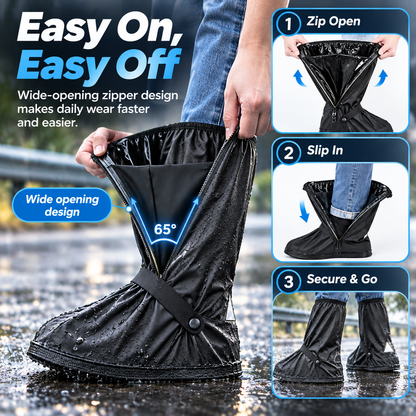 Waterproof Black Shoe Covers for Men and Women, Reusable Anti-Slip Rain Boot Covers with Zipper and Reflective Safety Strips