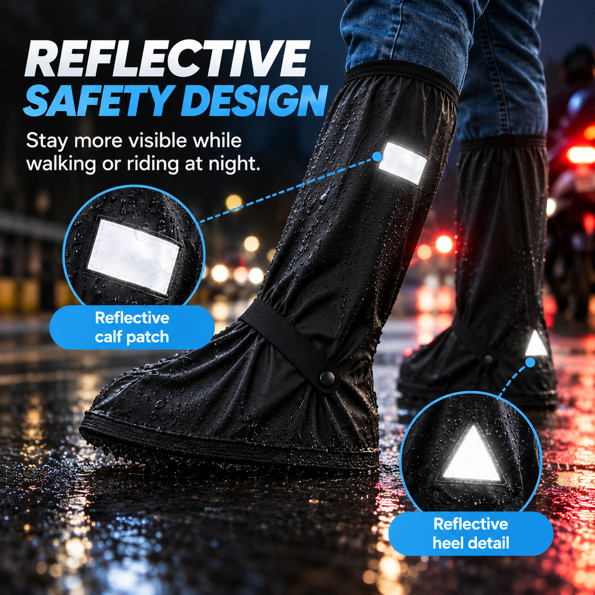Waterproof Black Shoe Covers for Men and Women, Reusable Anti-Slip Rain Boot Covers with Zipper and Reflective Safety Strips