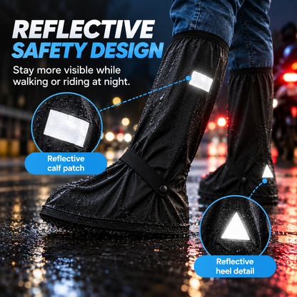 Waterproof Black Shoe Covers for Men and Women, Reusable Anti-Slip Rain Boot Covers with Zipper and Reflective Safety Strips