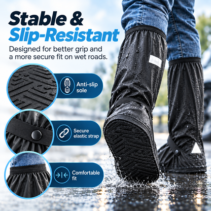 Waterproof Black Shoe Covers for Men and Women, Reusable Anti-Slip Rain Boot Covers with Zipper and Reflective Safety Strips