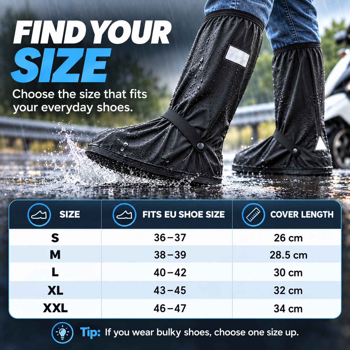 Waterproof Black Shoe Covers for Men and Women, Reusable Anti-Slip Rain Boot Covers with Zipper and Reflective Safety Strips