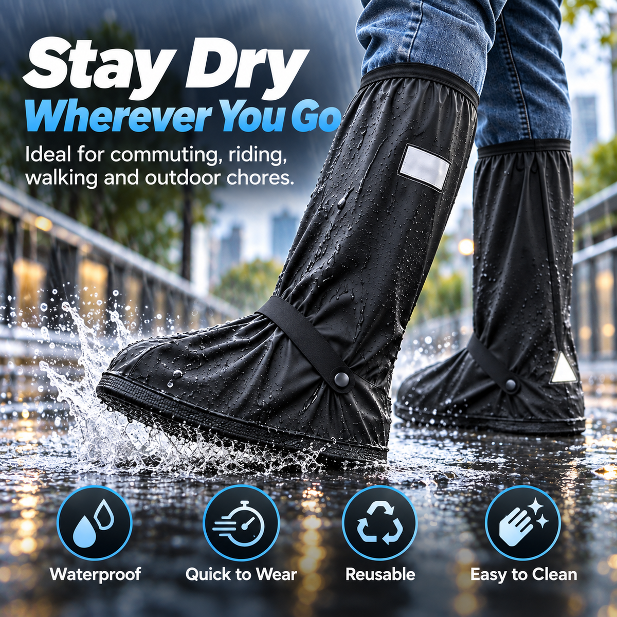 Waterproof Black Shoe Covers for Men and Women, Reusable Anti-Slip Rain Boot Covers with Zipper and Reflective Safety Strips