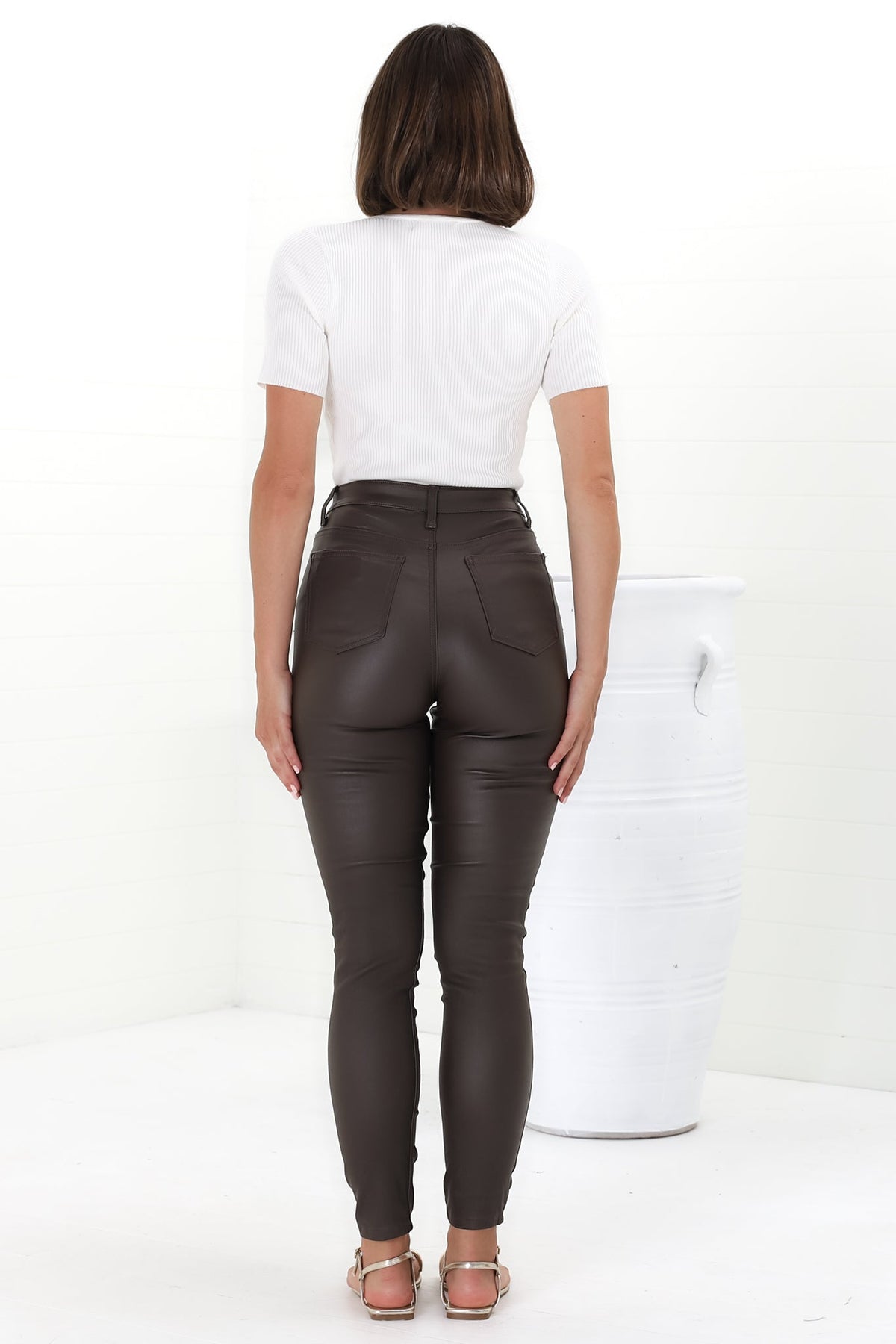 Chisel Jeans - Wet Look High Waisted Skinny Leg Pants in Chocolate