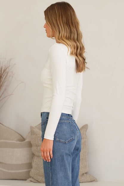 Cohen Top - Soft V Neck Stretchy Basic Top with Long Sleeves in White