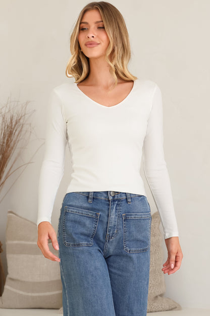 Cohen Top - Soft V Neck Stretchy Basic Top with Long Sleeves in White