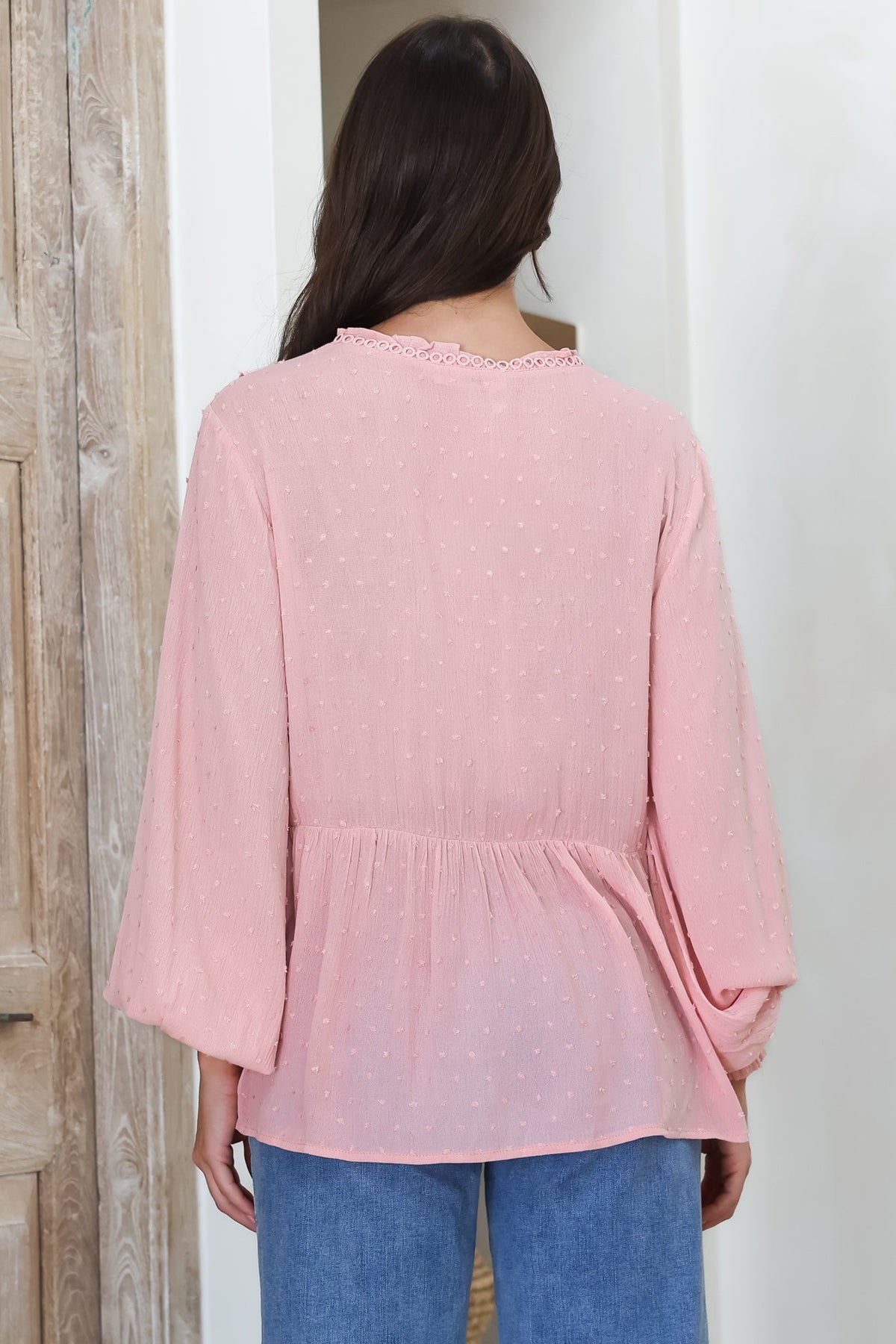 Coral Top - Frill Neckline Empire Bustline Textured Top with Long Balloon Sleeves in Blush