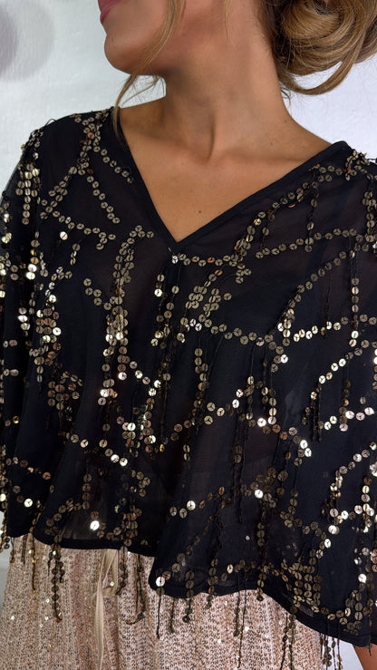 Glitz Sequin Mesh Top, Black