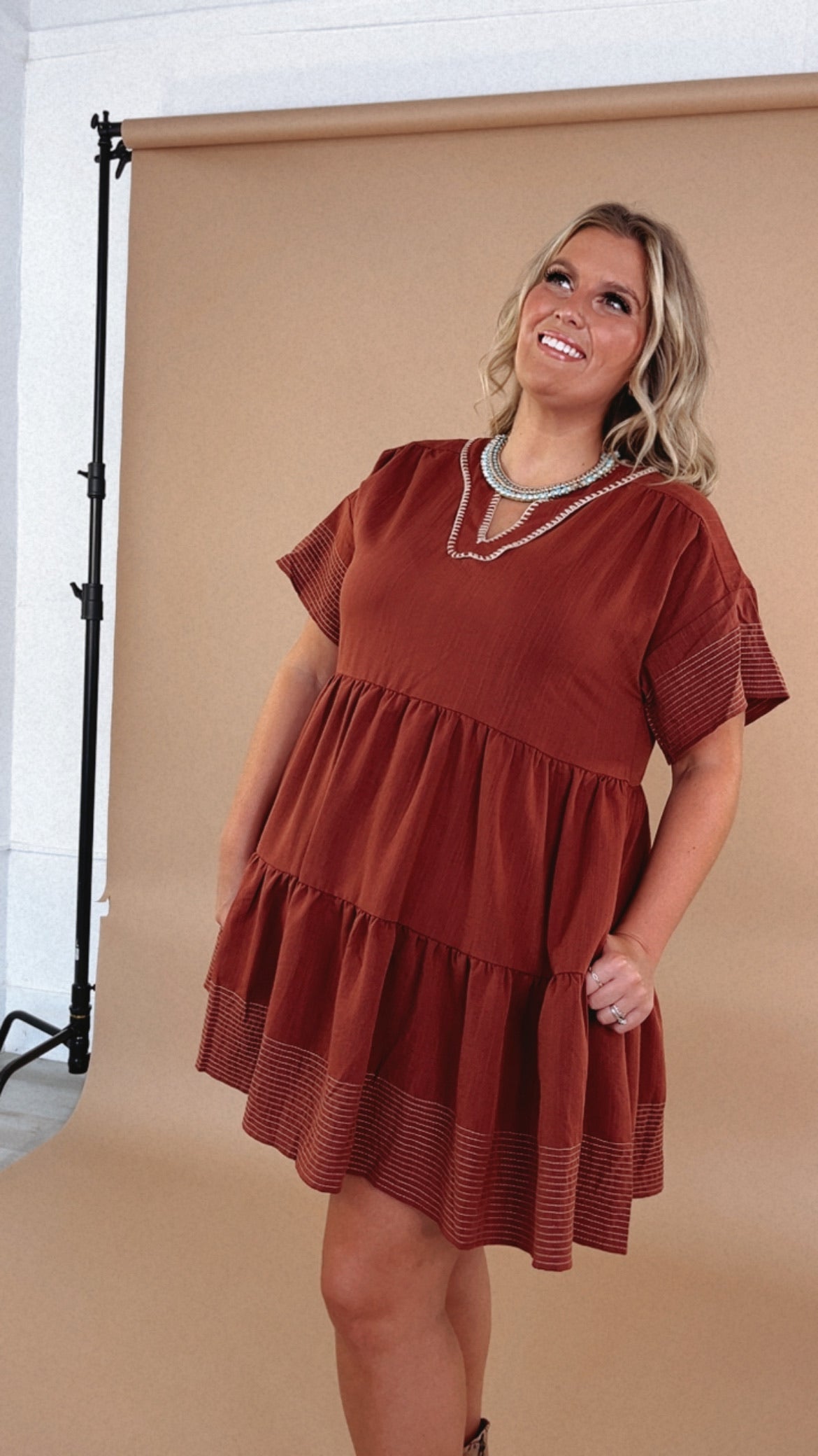 Emmy V Neck Embroidered Mini Dress, Rust